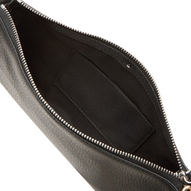 Kate Spade black leather pouch, open view showing silver zip, interior card slot and black lining
