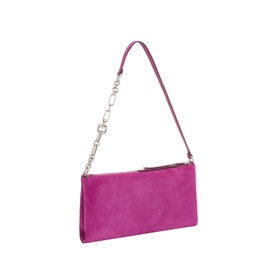 Kate Spade fuchsia leather pouch with silver chain and leather shoulder strap, zip top closure