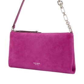 Kate Spade fuchsia suede pouch with silver chain strap and zip closure, small crossbody style