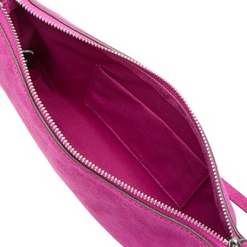 Kate Spade fuchsia leather pouch, open top view showing silver zip, interior card slots and suede-effect lining