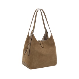 Kate Spade driftwood suede shoulder bag with double top handles, tassel zip pull, and gold-tone hardware, angled view