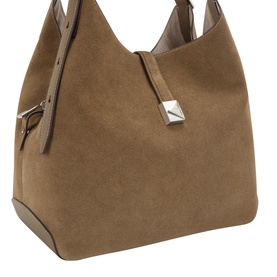 Kate Spade driftwood leather shoulder bag with silver stud detail, buckle strap, and slouchy silhouette