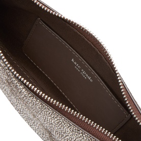 Kate Spade shoulder bag in Hot Fudge Multi, open interior view showing brown leather lining and zip closure with logo stamp.