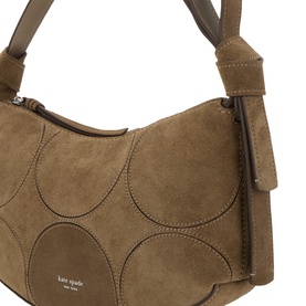 Kate Spade driftwood suede shoulder bag with circular stitch detail, zip side pocket, and adjustable strap, in tan-brown leather