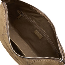 Kate Spade driftwood leather shoulder bag interior view, showing zip opening, neutral beige lining and interior pocket