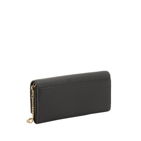 Kate Spade black leather wallet with gold-tone chain zip detail, shown at an angle revealing slim profile and smooth finish.