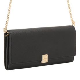 Kate Spade black leather wallet with gold chain strap and pyramid clasp closure, shown as crossbody clutch style