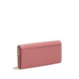 Kate Spade pomegranate leather wallet with gold-tone chain strap, rear angle view showing smooth finish and structured silhouette