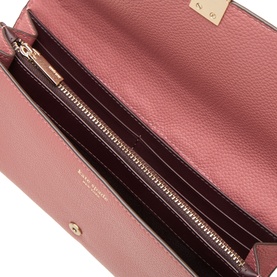 Kate Spade Pomegranate leather wallet open showing burgundy interior, card slots, zip compartment and gold-tone zip detail