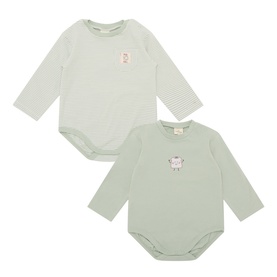 Mayoral 2 Piece marbled long-sleeve baby bodysuits in sage green and stripe, with embroidered chest motifs