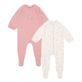 Mayoral Bunny Graphic Printed Bodysuits Two-Pack Set in Cipria, pink dotted and cream floral sleepsuits with enclosed feet