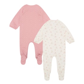 Mayoral Bunny Graphic Printed Bodysuits Two-Pack Set in Cipria, pink dot print and cream bunny print, long sleeves, enclosed feet