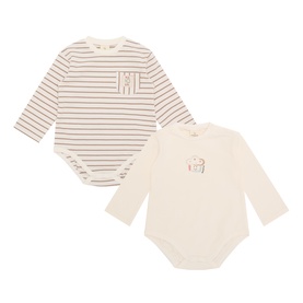 Mayoral 2 Piece set in Talco; one striped and one plain cream long-sleeve cotton bodysuit with small graphic prints