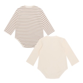 Mayoral 2-piece baby bodysuit set in talco, featuring one striped and one plain cream long-sleeve design, shown from the back.