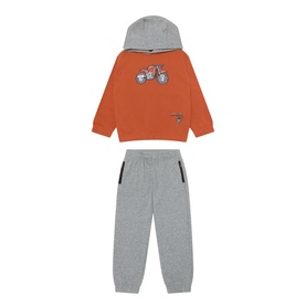 Mayoral Bike Hoodie & Sweatpants Two-Piece Set in brick red and grey marl, with bike graphic, ribbed trims, and cuffed joggers