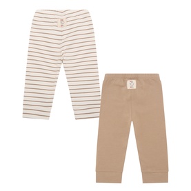 Mayoral 2 Piece set in Opal; cream stripe and plain tan cotton leggings with elasticated waistbands, laid flat.