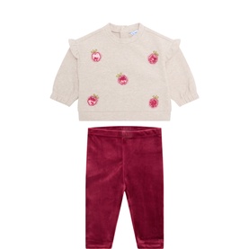Sequin-Embellished Raspberry Sweatshirt & Velour Bottoms Two-Piece Set