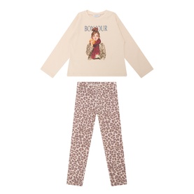 Mayoral chestnut 2-piece set with cream Bonjour graphic long-sleeve top and leopard print leggings