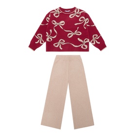 Mayoral raspberry 2-piece set with bow-print knit sweatshirt and wide-leg beige trousers, children's cotton blend