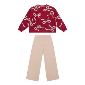 Mayoral raspberry bow-print knit sweatshirt and wide-leg cream trousers 2-piece set, laid flat