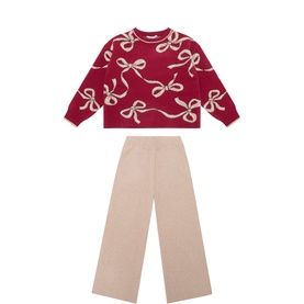 Bow Sweater & Wide Leg Trousers Two-Piece Set