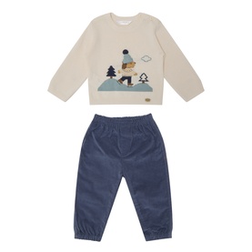 Mayoral Indigo 2 Piece set; cream cotton sweatshirt with ski scene appliqu&eacute; and indigo blue corduroy trousers