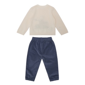 Mayoral Indigo 2 Piece set; cream long-sleeve top and navy blue cotton jogger trousers, flat lay back view