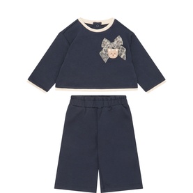 Mayoral navy 2-piece baby set with bow-appliqu&eacute; sweatshirt and wide-leg culottes, cream trim detailing