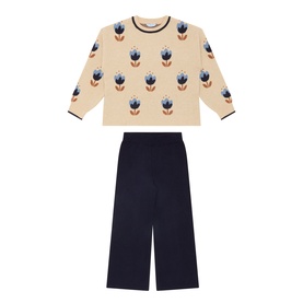 Mayoral Navy 2 Piece children's set with floral print cream sweatshirt and wide-leg navy trousers
