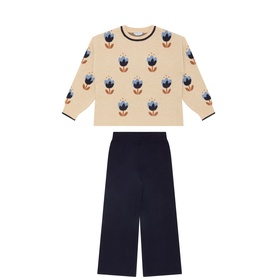 Floral Sweater & Wide Leg Trousers Two-Piece Set