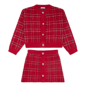 Mayoral red check knit 2-piece set with cardigan and mini skirt, gold heart buttons, for girls