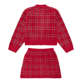 Mayoral red check knit 2-piece set with sweater and mini skirt, gold and cream woven pattern, cotton-polyester blend