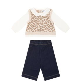 Mayoral Walnut 2 Piece baby set with leopard print pinafore top and navy wide-leg denim trousers