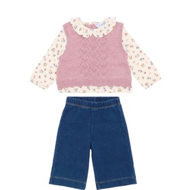 Layered Knitted Vest & Wide-Leg Jeans Two-Piece Set