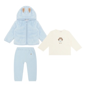 Mayoral sky blue 3-piece set with fluffy hooded jacket with bear ears, cream owl-print top and matching joggers
