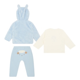 Mayoral sky blue 3-piece baby set with bear-eared hooded fleece jacket, cream top, and bear-motif joggers