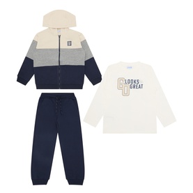 Mayoral blue 3-piece children's set with colour-block zip hoodie, graphic long-sleeve top and navy joggers