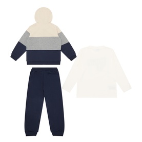 Mayoral Blue 3 Piece set with colour-block hoodie, white long-sleeve top and navy joggers, laid flat, back view shown