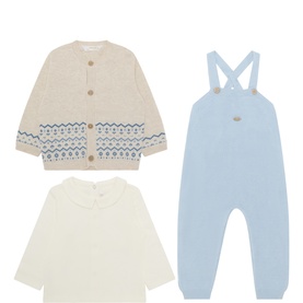 Mayoral Blue 3 Piece set including knit cardigan, cream top, and pale blue dungarees, displayed flat