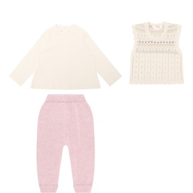 Mayoral 3 Piece set in H. Mauve; cream long-sleeve top, cable-knit sleeveless vest, and pink knit trousers