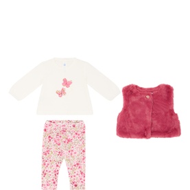 Mayoral Petal 3 Piece Baby Set with faux fur vest, butterfly print top, and floral leggings