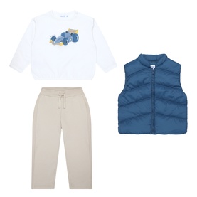 Mayoral Racing Car T-Shirt, Quilted Gilet & Sweatpants Three-Piece Set in indigo; white graphic tee, blue quilted zip gilet, and beige drawstring
