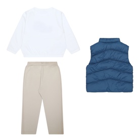 Mayoral Racing Car T-Shirt, Quilted Gilet & Sweatpants Three-Piece Set in indigo; white long-sleeve top, blue quilted gilet, and beige drawstring