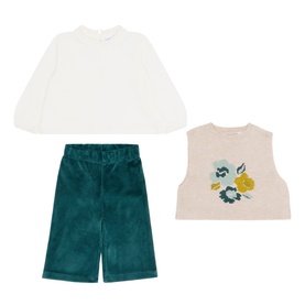 Knitted Vest, Blouse & Wide-Leg Corduroy Trousers Three-Piece Set