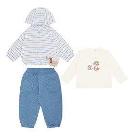 Mayoral Night 3 Piece set with striped hooded top, cream animal-print long-sleeve top and blue joggers