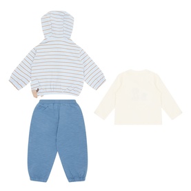 Mayoral 3 Piece set in Night, featuring striped hooded jacket, cream long-sleeve top and blue joggers, laid flat