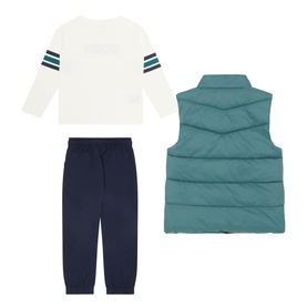 Mayoral Dark Lake 3-piece set with teal quilted gilet, white striped long-sleeve top and navy joggers
