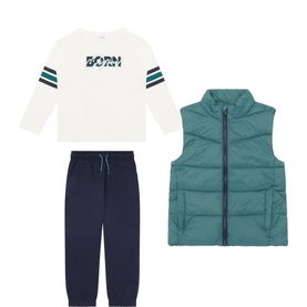 Gilet, Stripe-Detail Long-Sleeved Top & Track Pants Three-Piece Set
