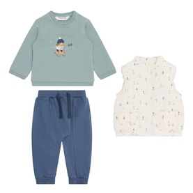 Mayoral Indigo 3 Piece set with bear-print sweatshirt, blue joggers with drawstring, and cream quilted gilet