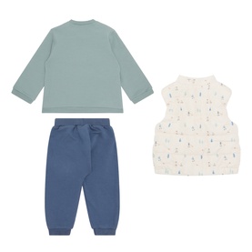Mayoral Indigo 3 Piece set with long-sleeve top, joggers, and printed fleece gilet, shown flat on white background.